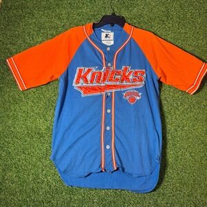 Starter New York Knicks Baseball Jersey Shirt Blue Orange Men M NBA Vintage